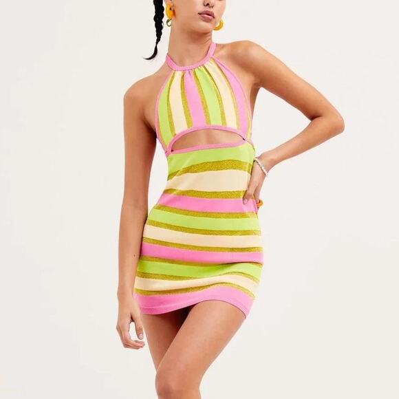 New For Love & Lemons Mini Dress Pink Green Striped Halter Neck Sleeveless Sz XL - Picture 1 of 10